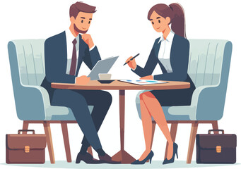 Partners meeting for business discussion with documents and laptop on desk. Couple at round table, speaking, discussing work, partnership. Flat vector illustration isolated on white background