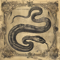 Obraz premium An ornate depiction of a snake, showcasing intricate details on its scales, entwined against a vintage backdrop of illustrations and measurements, emphasizing its scientific significance.