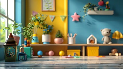Product display on defocused children room background with an empty desk