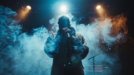 Fototapeta premium Rap trap and hip hop star performing on nightclub stage with dark background smoke and spotlights