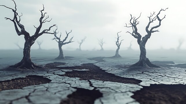 Lifeless trees standing amid cracked, dusty soil, metaphorically emphasizing the collapse of natural cycles under climate stress.