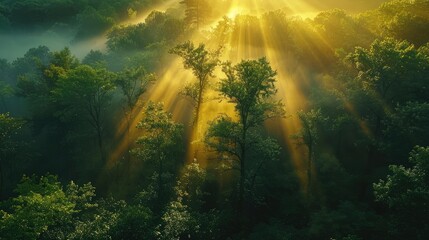 Obraz premium Golden sunlight rays break through lush forest canopy, creating a serene and magical woodland atmosphere at dawn.