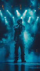 Rap trap and hip hop star performing on nightclub stage with dark background smoke and spotlights