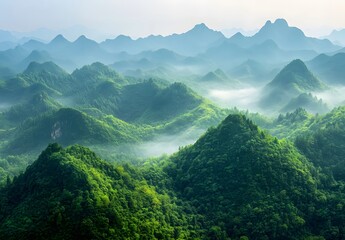 Naklejka premium A panoramic view of the green mountains in southern China