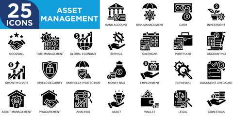 asset management, business, management, finance, investment, financial icon set. Outline icons collection. Simple vector illustration