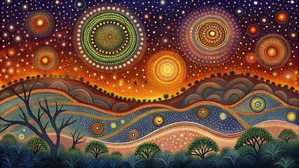 Australian Aboriginal dot painting art dreaming of a landscape. abstract Modern Aboriginal dot painting  background