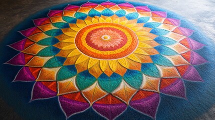 A modern rangoli featuring abstract patterns and shapes, with a gradient of bright colors blending seamlessly into one another