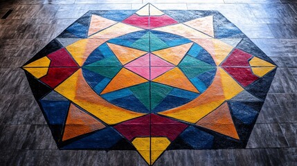 Abstract rangoli with sharp geometric patterns, using only primary colors, evoking a sense of modern celebration during Diwali