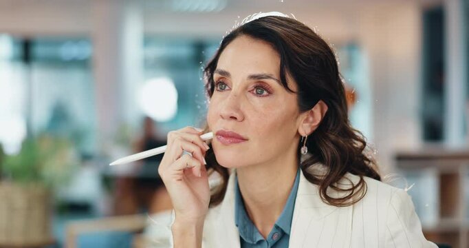 Business woman, thinking and planning with task as creative for corporate vision or development. Female person, employee and idea for decision, feedback and review for project or proposal in office
