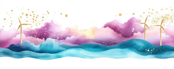 Obraz premium A vibrant watercolor landscape featuring wind turbines, waves, and colorful clouds, symbolizing renewable energy and nature's beauty.