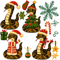 Sset of snakes, symbol of 2025, cute little snakes for Christmas and New Year decoration