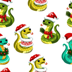 Obraz premium Semaless pattern of snakes, symbol of 2025, cute little snakes for Christmas and New Year decoration