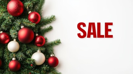 background, banner with branches Christmas tree , with the word &ldquo;sale&rdquo; on Christmas tree balls, on white background with free space for text, 3d, banner, template, flyer, letterhead, background, postc