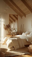 Scandinavian interior concept bedroom in light colors eco furniture with mirror and panoramic window