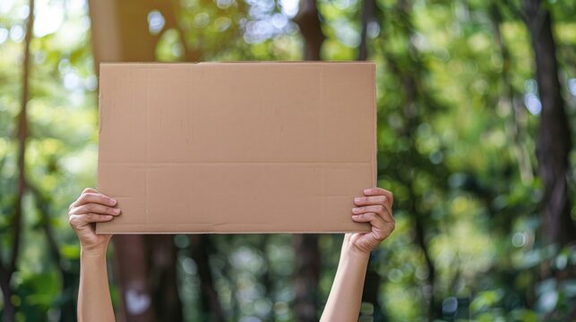 Blank Cardboard Sign Held Up In Front of Green Bokeh Background