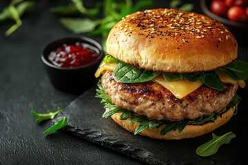 Savory turkey burger without top bun, paired with cranberry sauce, brie cheese, and spinach, placed on the right side of a dark stone table, professional overhead shot.