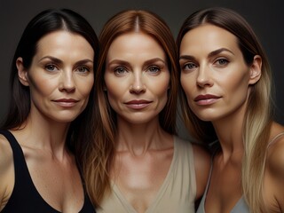 Elegant portrait of three confident women showcasing natural beauty and strength