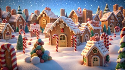 Whimsical gingerbread village with candy decorations under falling snow creating a festive scene