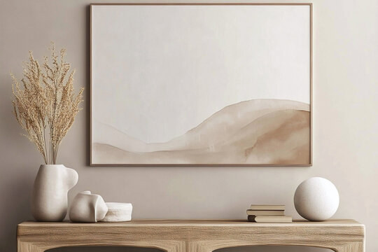 Photographed a portion of the living room, finished with art frames and Scandinavian interior accessories. Generative AI
