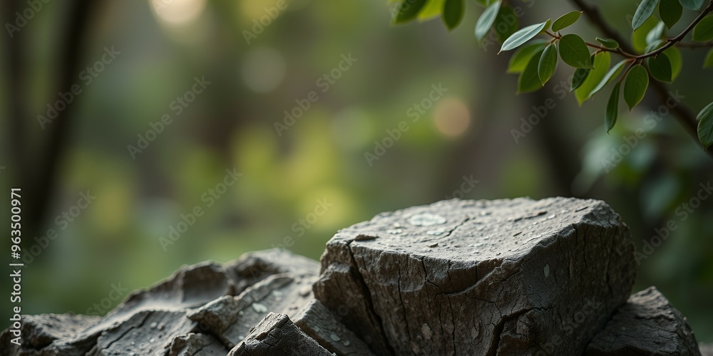 Sticker A weathered rock in a lush forest setting.