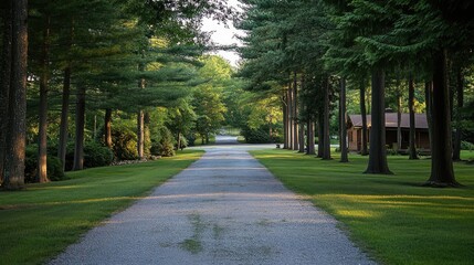 Obraz premium A Gravel Driveway Through a Forest of Trees Leading to a Cabin