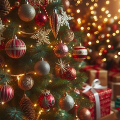 A close-up of a beautifully decorated Christmas tree adorned with festive ornaments and sparkling lights. The scene evokes warmth and holiday spirit, with red, gold, and silver decorations creating a