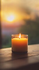 Candle with flame on wooden table at