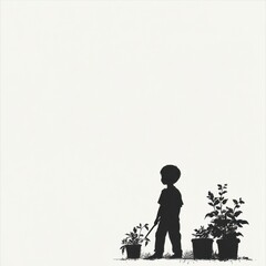 Child silhouette gardening with potted plants on white background