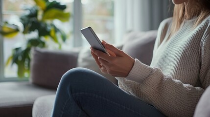 Woman Using Smart Phone Home, Messaging, Online Shopping, Social Media Concept