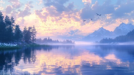 Fototapeta premium Tranquil Mountain Lake with Pink Sunset Clouds and Birds Flying