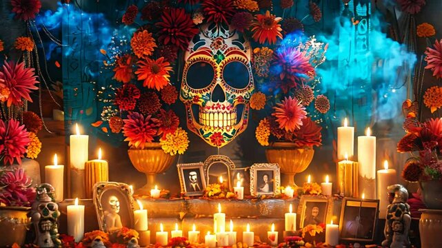 A beautifully decorated Day of the Dead altar with candles and flowers.
