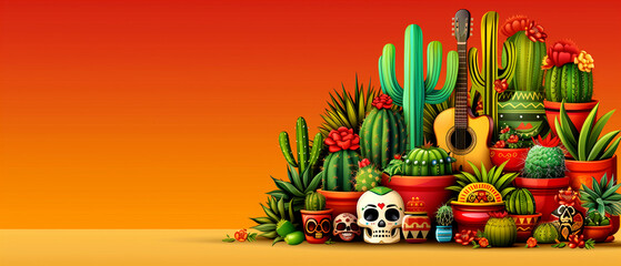 Fototapeta premium A colorful poster of cacti and a guitar with skulls on it. The poster has a warm, inviting mood