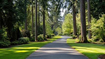 Obraz premium Winding Driveway Through a Lush, Sun-Dappled Forest