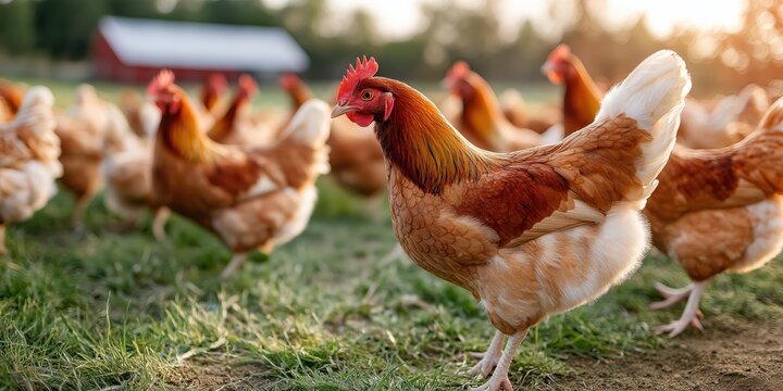 Free-range chickens roaming freely in a large open field lush green grass