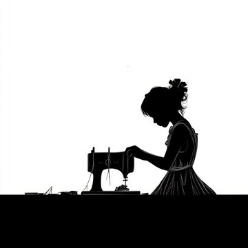 recommend clip art: Vintage seamstress silhouette sewing with classic machine in monochrome