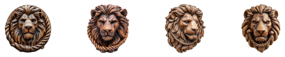 Set, collection of A wooden lion head sculpture with a rope attached isolated on transparent background.