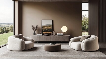 Beige home living room interior with two armchairs and sofa, sideboard with art decoration and books, carpet on concrete floor. Panoramic window on countryside. 3D rendering ,generative ai