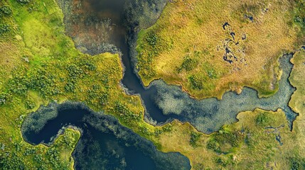 Aerial View of a Lush Wetland with Winding Waterways