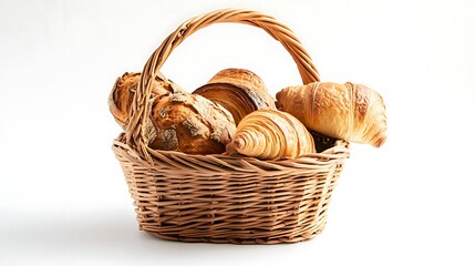 Freshly Baked Croissants and Bread in Wicker Basket