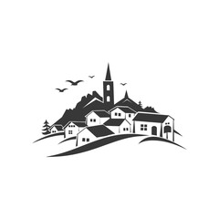 Naklejka premium Silhouette of a Village on a Hill with a Church Spire
