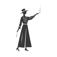 Silhouette of a Woman in a Hat and Coat Performing Magic