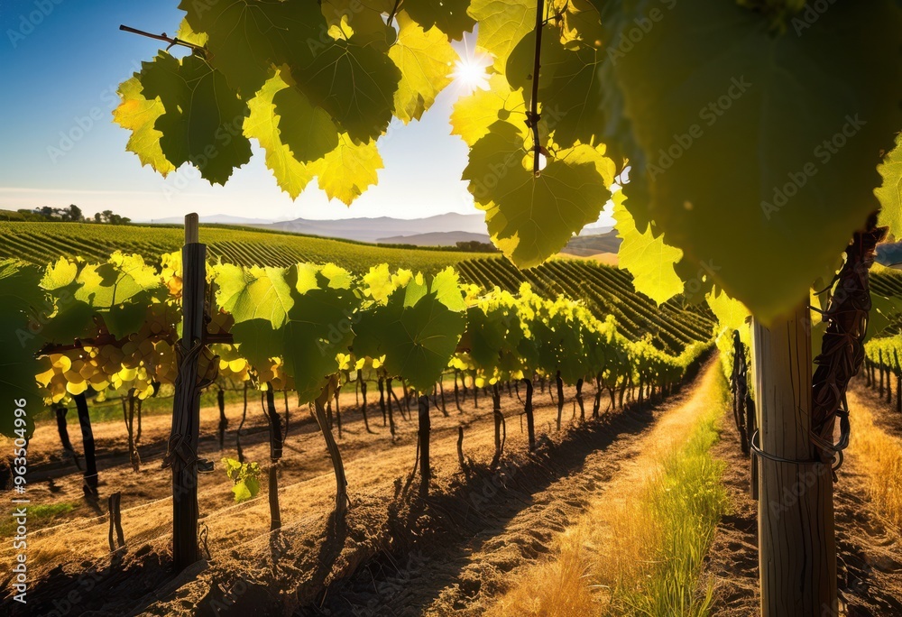 Wall mural vibrant vineyard landscape featuring lush sun drenched elegant wine bottles under clear blue sky, grapes, rows, nature, agriculture, harvest, flora