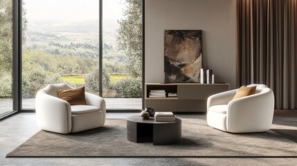 Beige home living room interior with two armchairs and sofa, sideboard with art decoration and books, carpet on concrete floor. Panoramic window on countryside. 3D rendering ,generative ai
