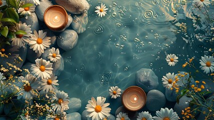 Spa setting with massage pebble flowers water and candles Zen concept Top view