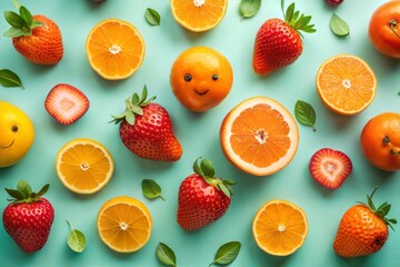 Vibrant assortment of fresh strawberries and oranges with fun faces on pastel background