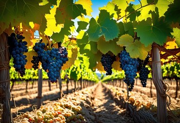 lush vibrant vineyard landscape showcasing flourishing grape plants under clear blue sky, agriculture, botanical, countryside, cultivation, crop, design