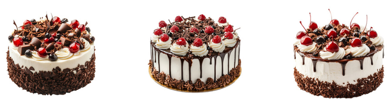 Set, collection of Black Forest cake isolated on transparent background.