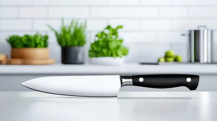 A professional chef s knife in augmented reality, showing blade sharpness, handle comfort, and balance details in A digital kitchen,