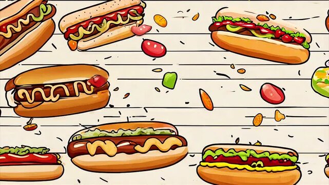 Set of hot dogs with sausage, ketchup and mustard, street food pattern flat lay background. AI generated.