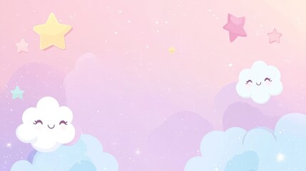 Imagine a pastel landscape with fluffy clouds in a serene blue sky and twinkling stars above, creating a mesmerizing, romantic atmosphere filled with wonder and charm that captivates the heart